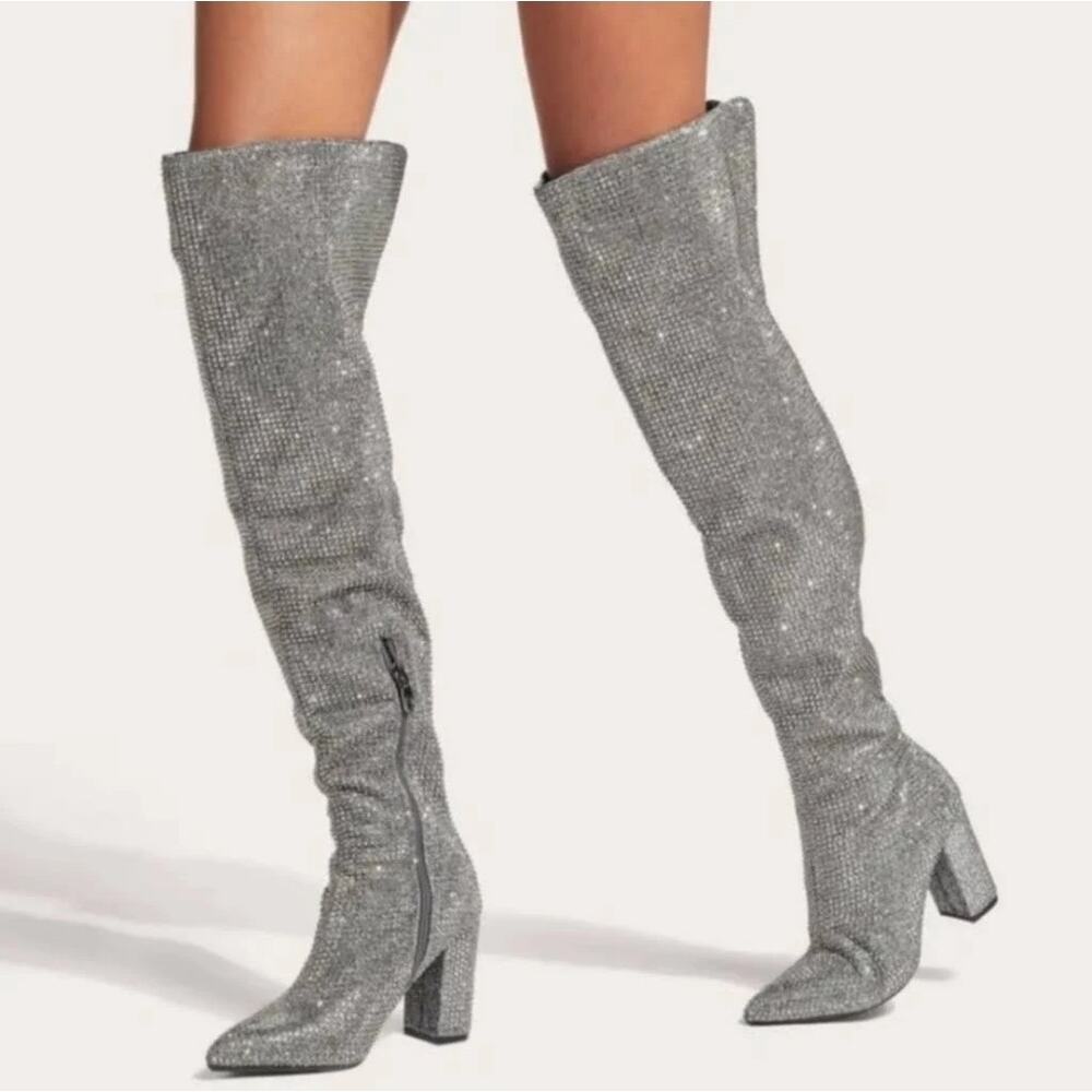 GB Gianni Bini Queen Bee Over-The-Knee Silver Rhinestone Boots Sz. 7.5 NWT